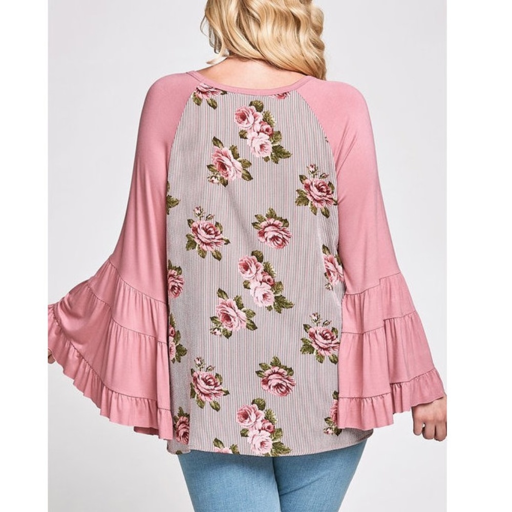 Mauve Pink Floral Ruffle Kimono Bell Slv Tunic Top - Picture 5 of 6